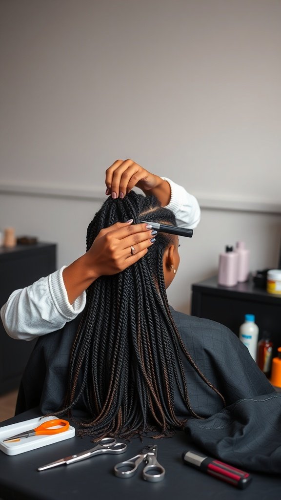 A stylist carefully removing medium knotless box braids from a client's hair.