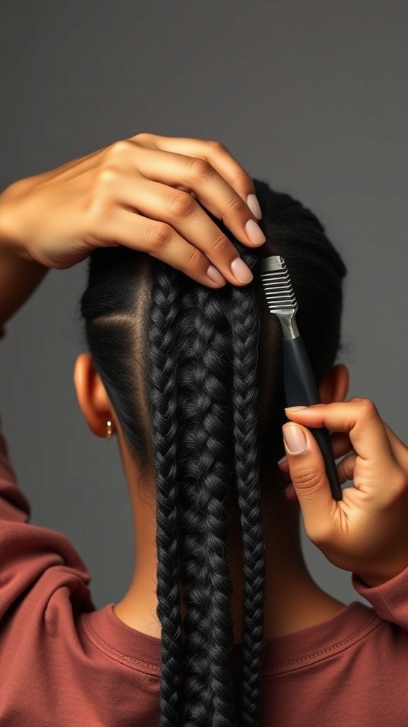 A close-up of a person removing small knotless box braids from their hair, showing careful parting and detangling.