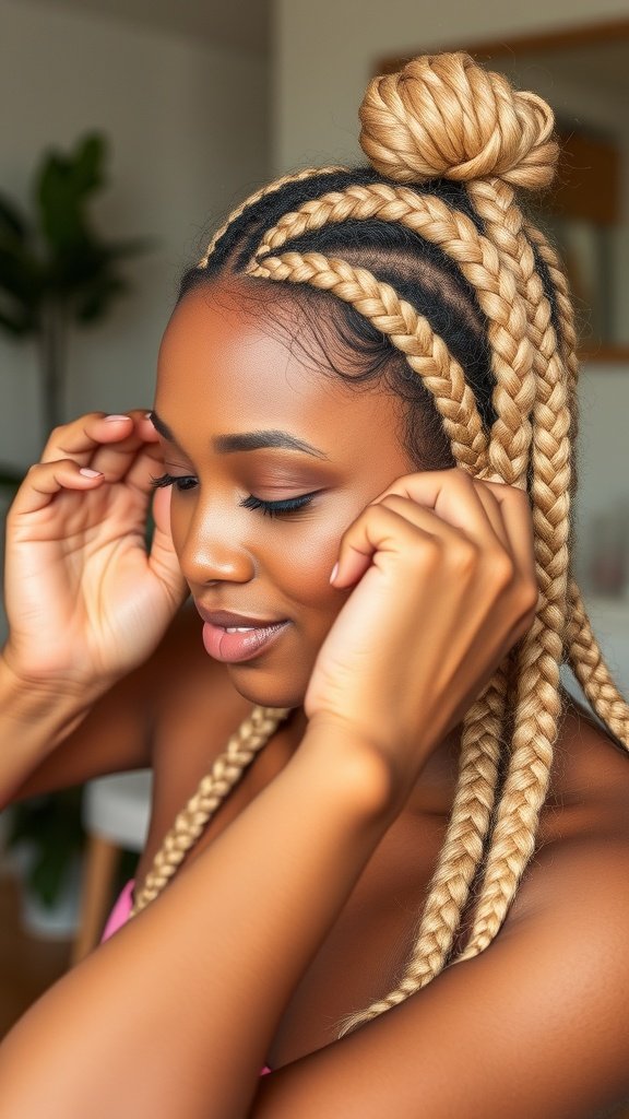 A woman with blonde knotless box braids styled in a bun, showcasing a close-up of her hair and face.