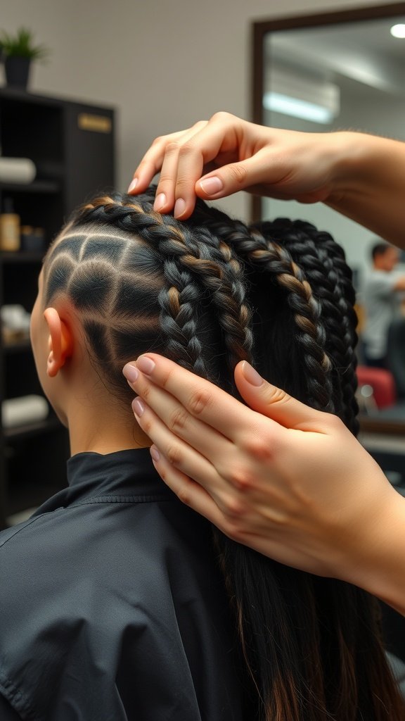A close-up of a person having their knotless braids removed, showcasing intricate braid patterns and a stylist's hands gently working on the hair.