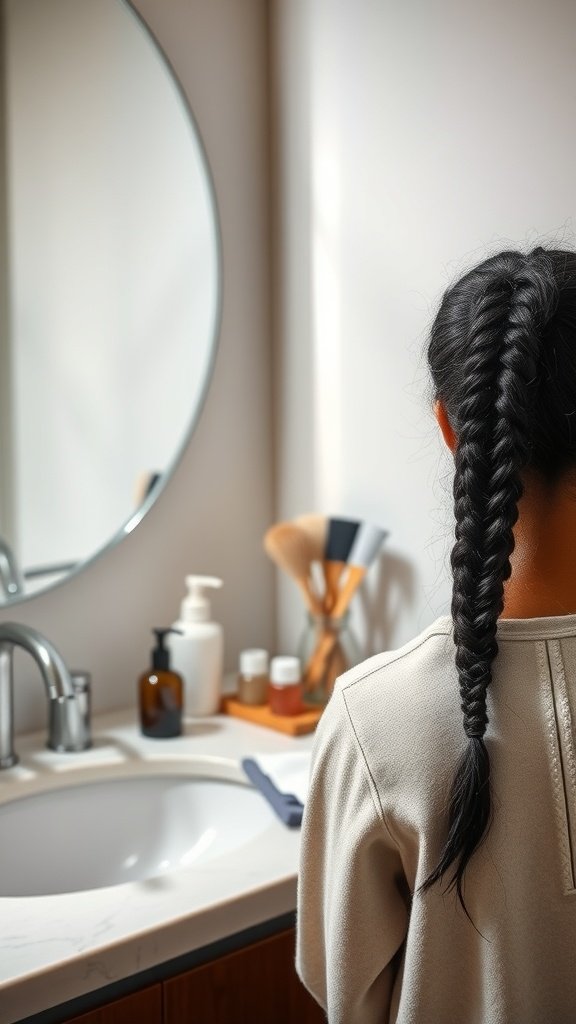 A person with a braid looking into a mirror, showcasing the beauty of knotless braids.