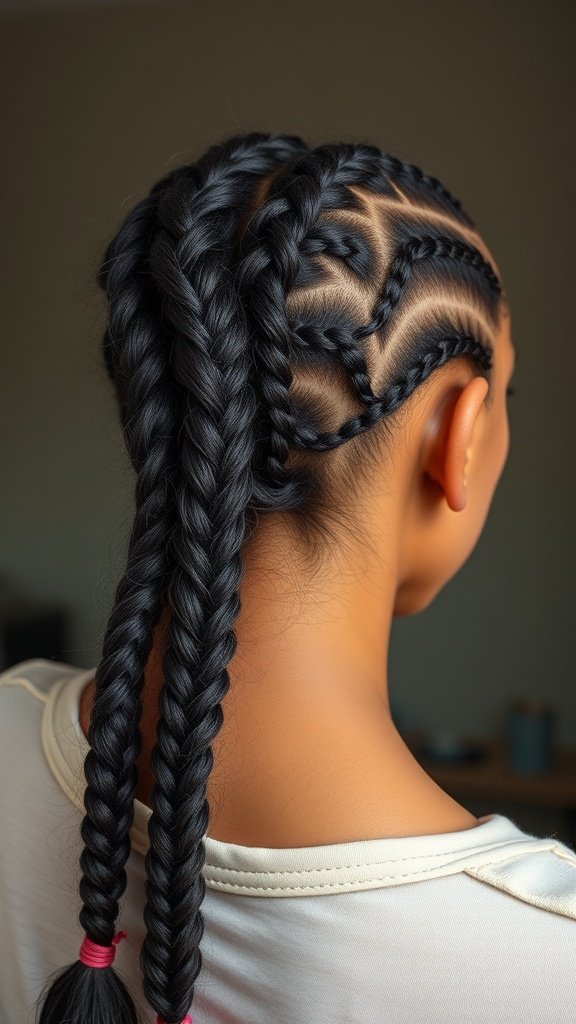 A close-up view of a person's back with intricate knotless braids, showcasing a stylish and protective hairstyle.