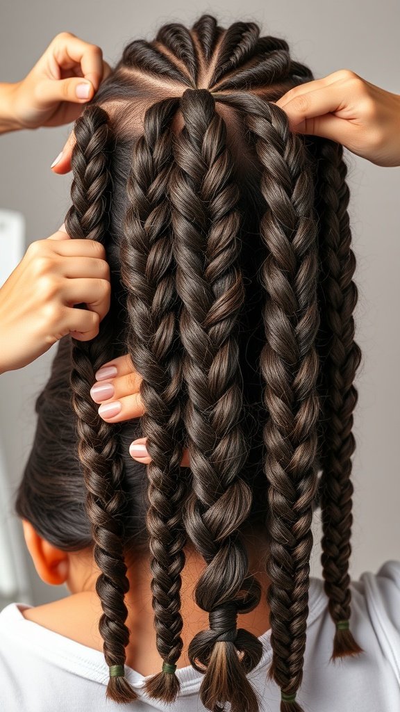 A close-up of a person removing knotless braids, showing the neatness and care in the hairstyle.