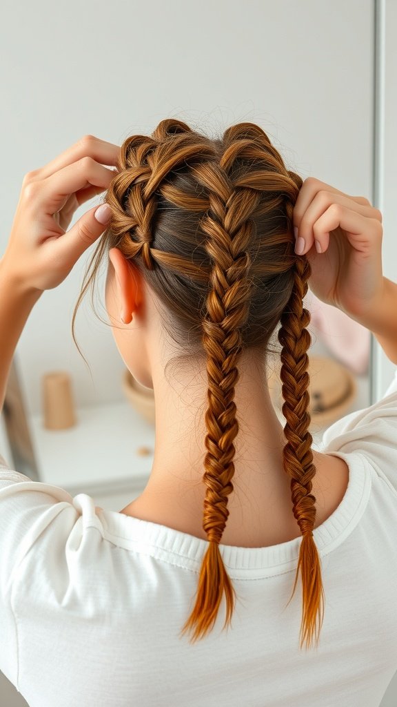 A person removing ginger knotless braids from their hair, showcasing a neat hairstyle.