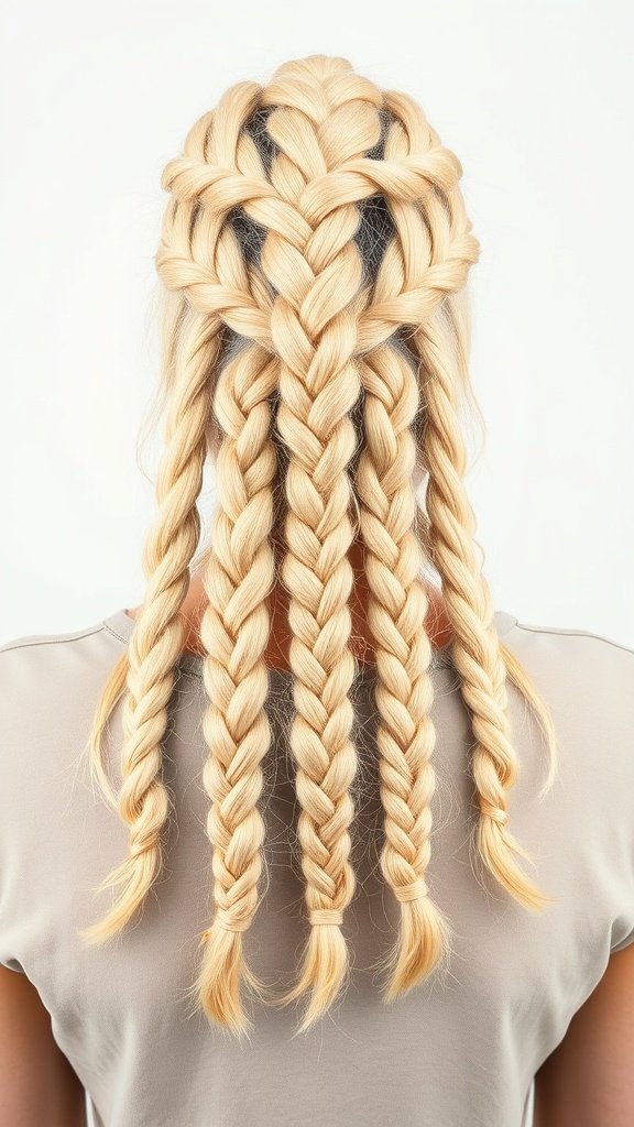 A woman with blonde knotless braids styled in a unique pattern.