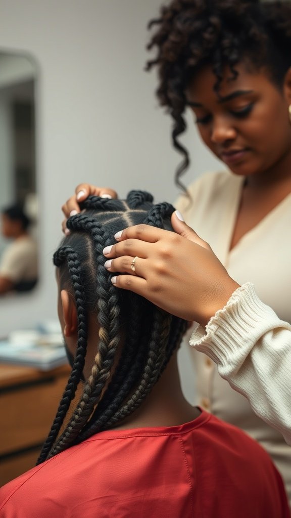 A stylist carefully removing knotless braids from a client's hair, showcasing a gentle approach to hair care.