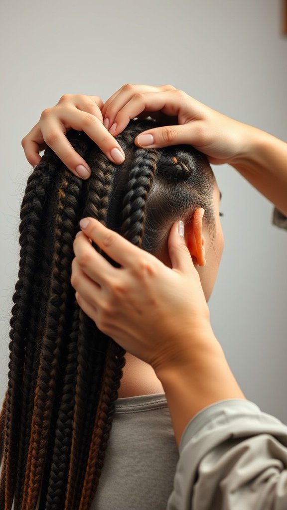 A person carefully removing knotless braids from their hair.