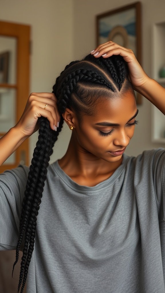 A person gently removing their long knotless braids, showcasing a careful approach to hair care.