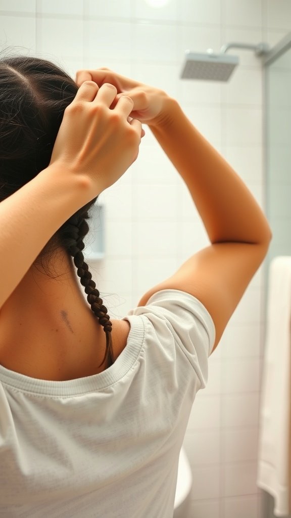 A person gently removing knotless braids in a bathroom setting.