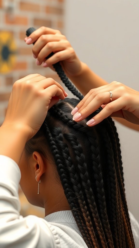 A person carefully removing knotless braids from their hair