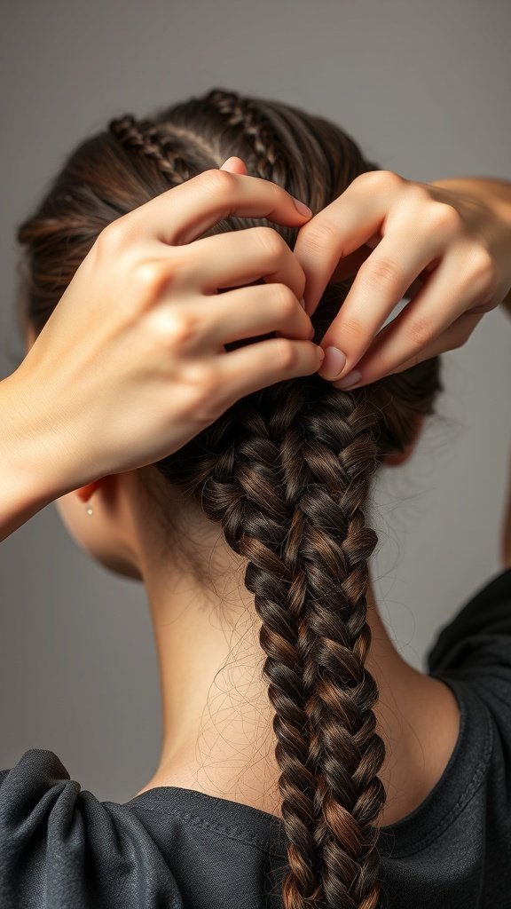 A close-up of hands gently handling small knotless braids, demonstrating the safe removal process.