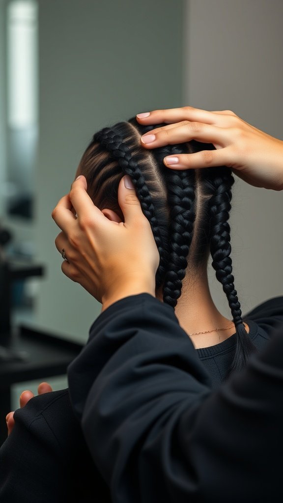 A close-up of a person having their knotless braids removed, showing careful handling of the hair.
