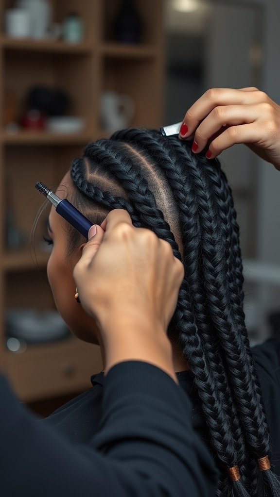 A stylist carefully removing knotless braids from a client's hair.