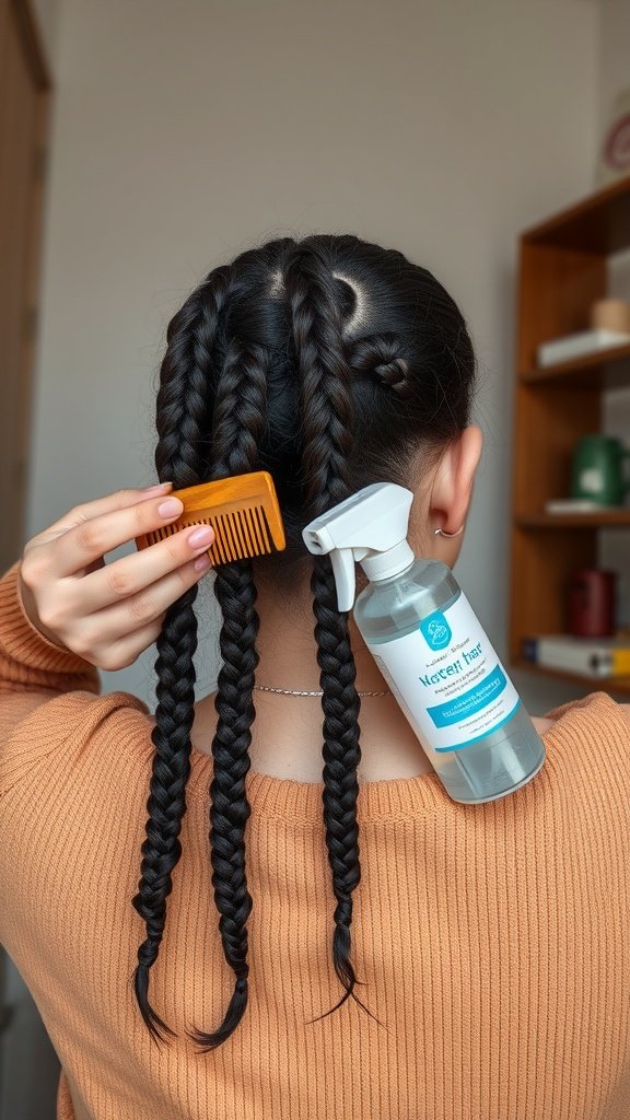 A person holding a comb and a spray bottle, preparing to remove medium boho knotless braids.