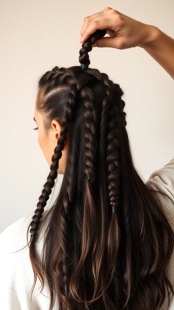 A person holding a section of knotless braids, preparing to remove them.