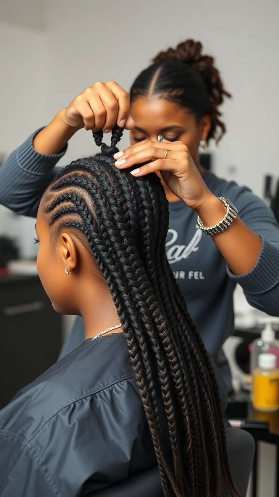 A stylist gently removing knotless twist braids from a client's hair.