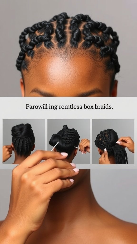 A model demonstrating the removal process of large knotless box braids with a focus on neatness and care.