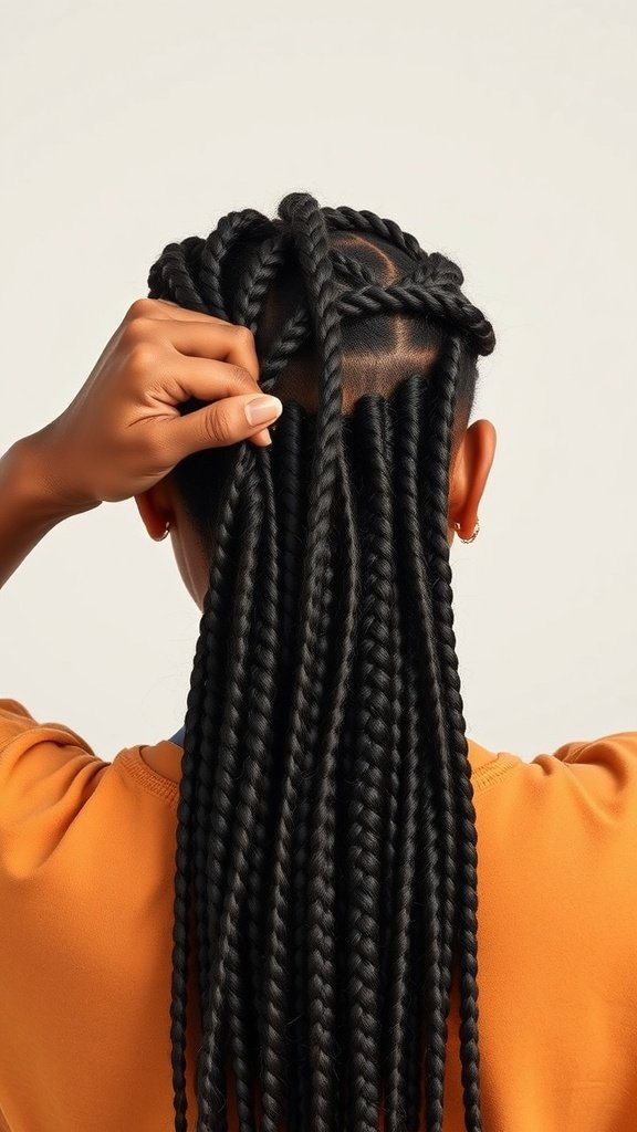 A person removing large knotless box braids, showing careful handling and sectioning of hair.