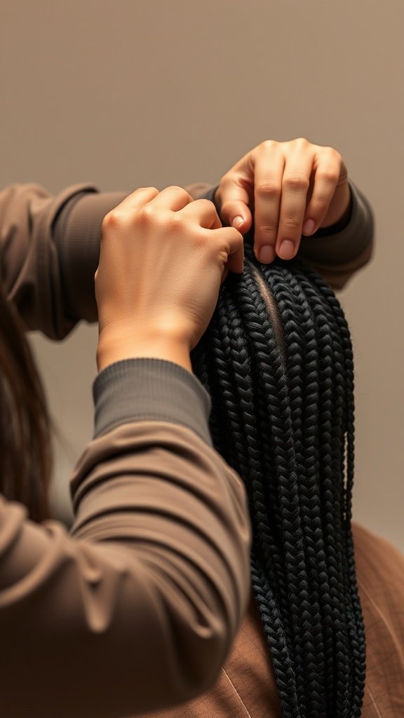 A person carefully removing medium knotless box braids from hair.
