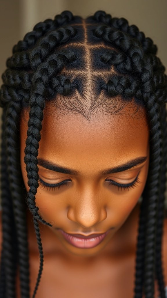 Close-up of a woman's head with short knotless box braids, showcasing neat and stylish braids.