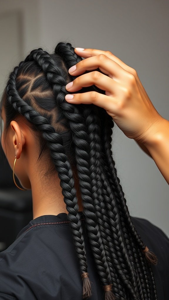 Close-up of a person removing XS knotless braids, showcasing neat and intricate braided patterns.