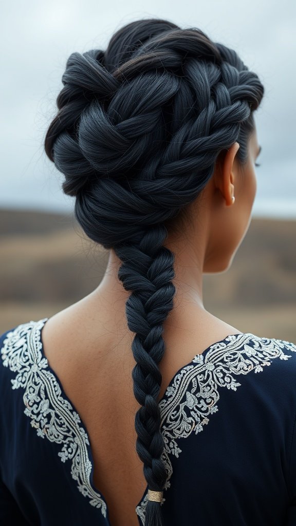A woman with rich indigo knotless braids styled elegantly.