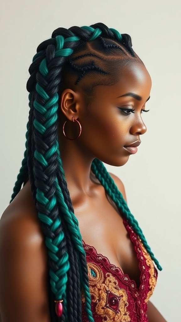 A woman with boho knotless braids featuring rich jewel tones, showcasing a blend of black and vibrant green colors.