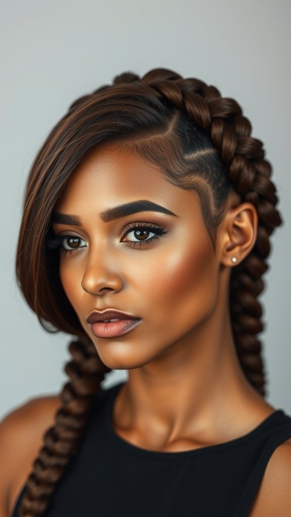A close-up of a woman with rich mahogany knotless braids, showcasing a stylish and elegant hairstyle.