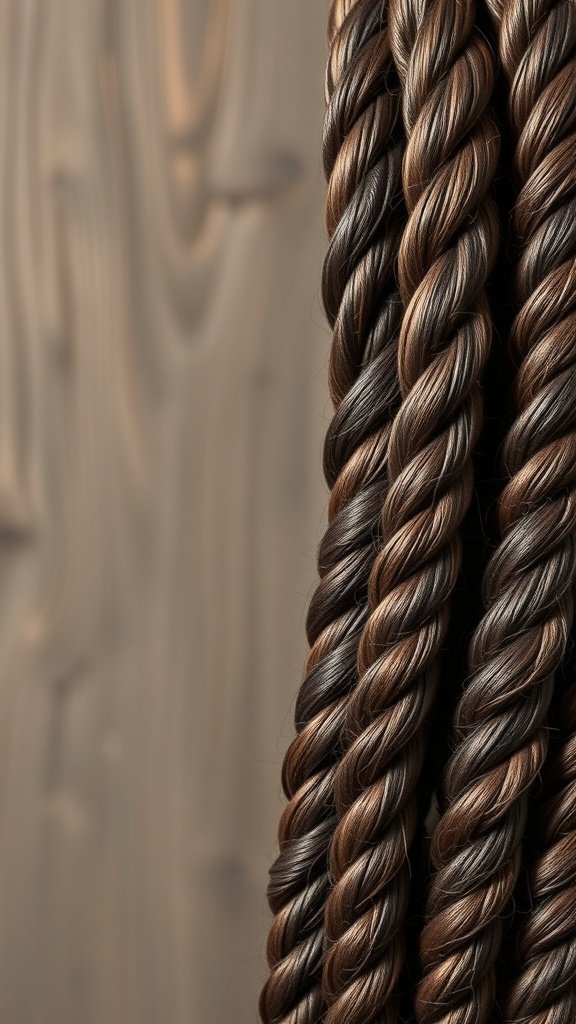 Close-up of rich mahogany knotless braids, showcasing a blend of dark brown and caramel tones.