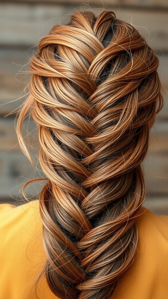 A close-up view of a beautifully styled rosy brown knotless braid.
