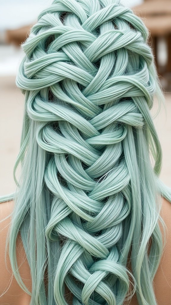 A close-up view of intricate seafoam green knotless braids styled elegantly.