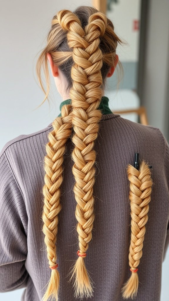A person with honey blonde knotless braids styled in a unique way, showcasing the beauty and versatility of braided hairstyles.