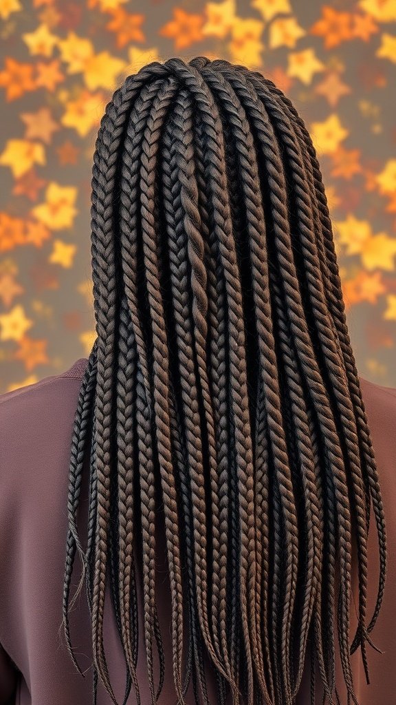 Long knotless braids styled elegantly, showcasing their neatness against a colorful background.