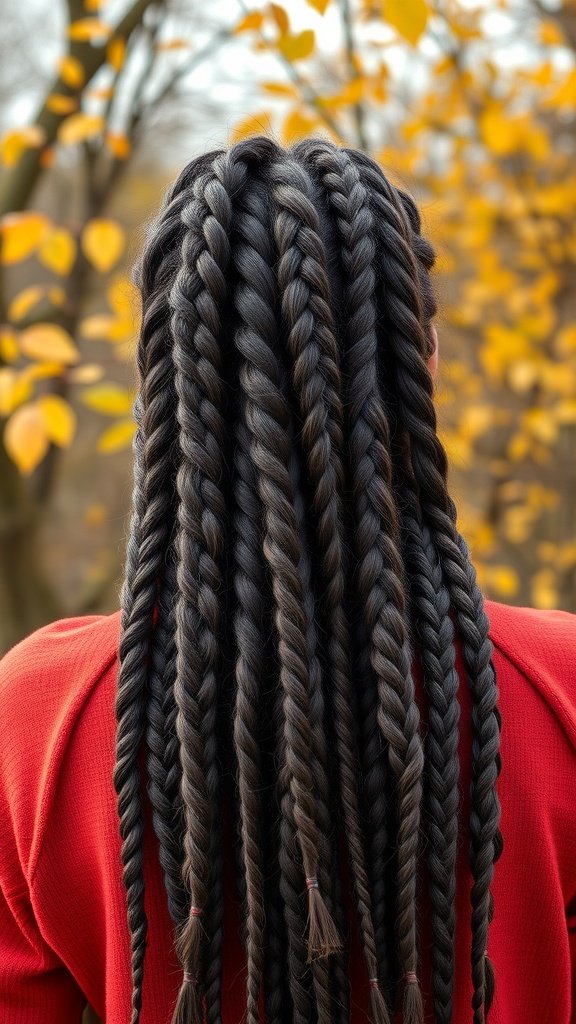 A person with large knotless braids, showcasing a beautiful hairstyle against a backdrop of autumn leaves.
