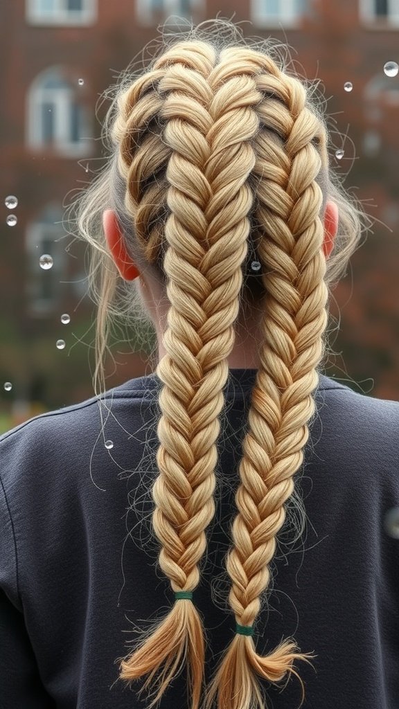Close-up of honey blonde knotless braids styled in two sections.