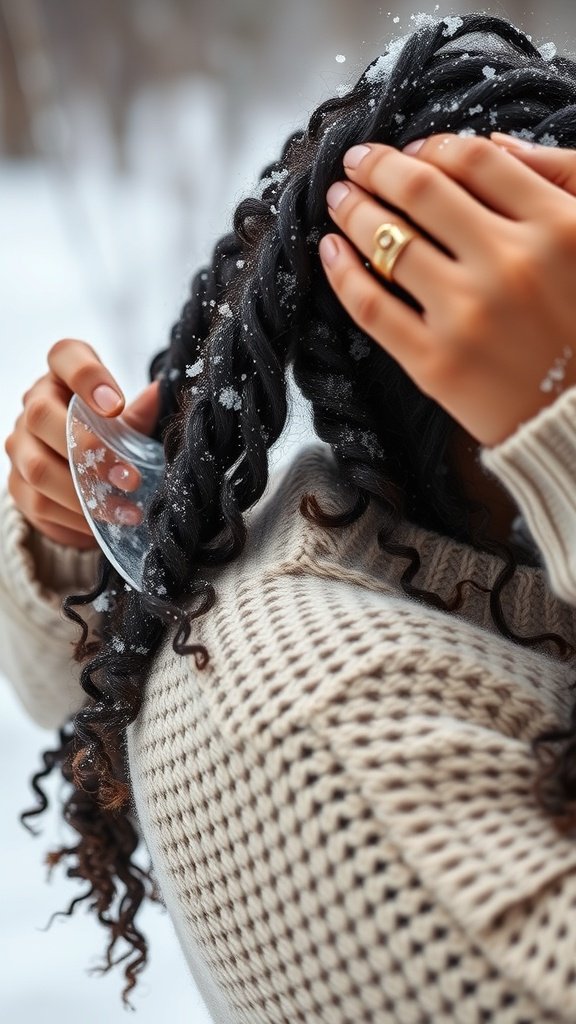 A person with curly knotless braids in a snowy setting, showcasing seasonal hair care.