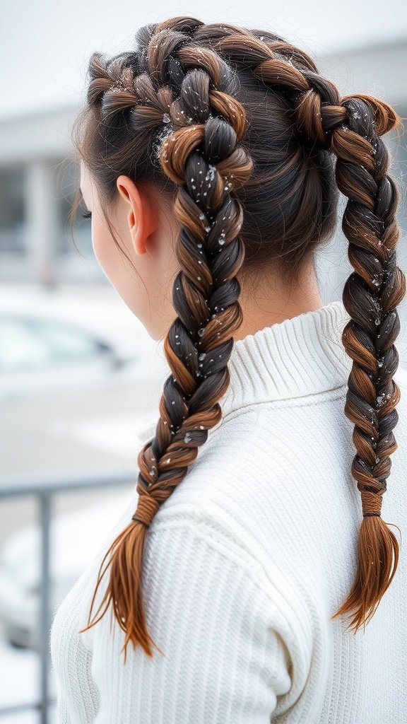 A woman with two stylish knotless braids, showcasing seasonal hair care.