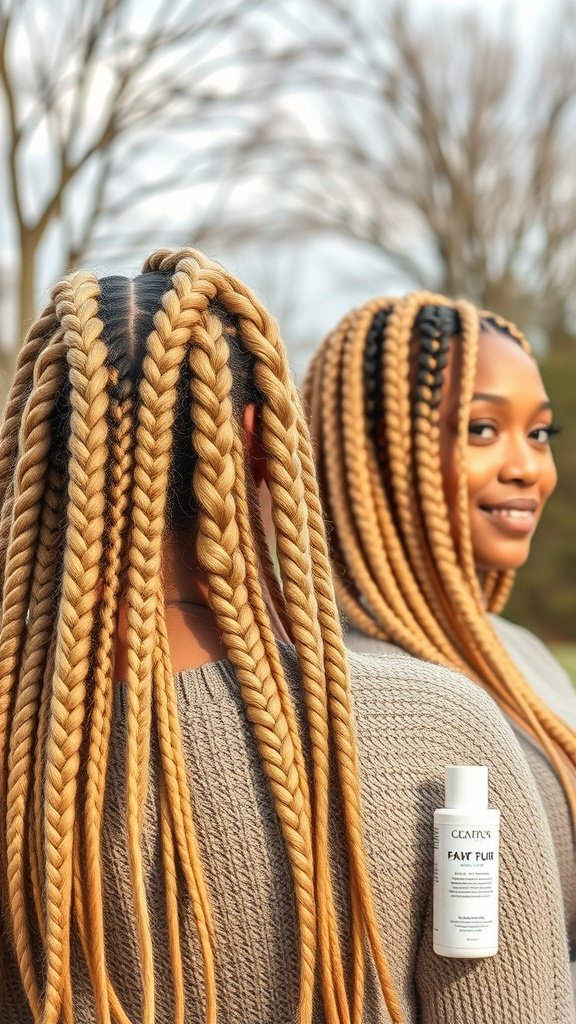 A woman with blonde knotless box braids, showcasing a stylish hair look.
