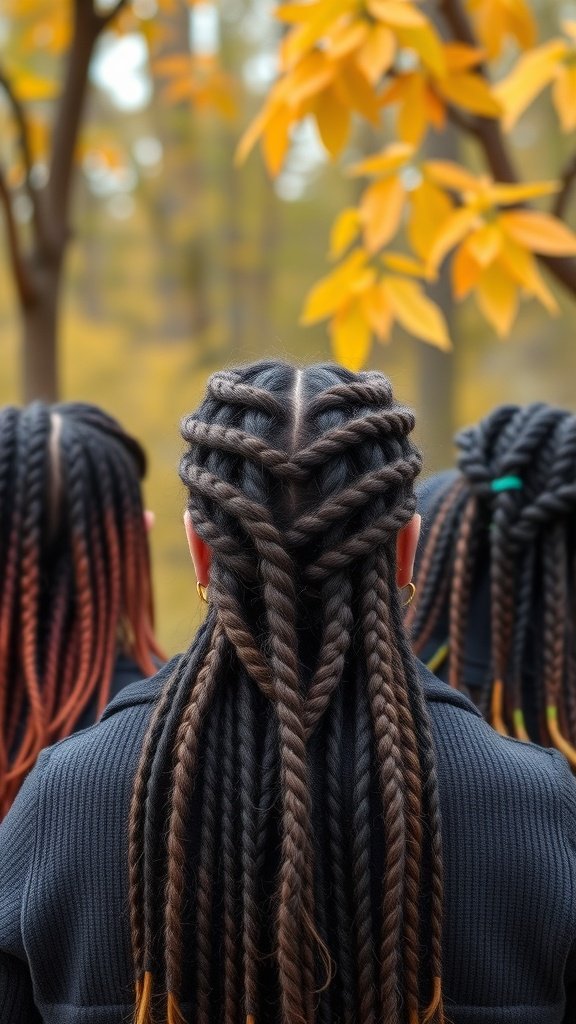 A close-up view of large knotless braids styled in a heart pattern, set against a backdrop of autumn leaves.