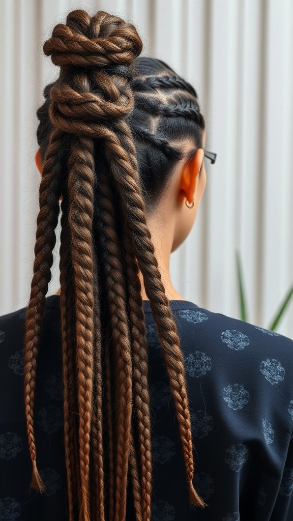 A stylish woman with XS knotless braids styled in a unique way, showcasing the beauty and versatility of this hairstyle.