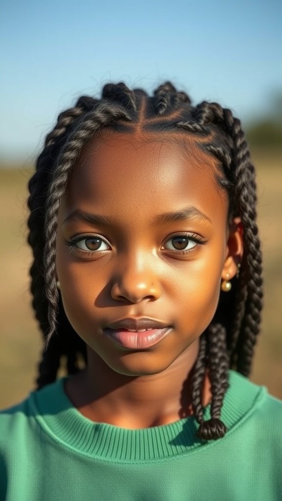 A young girl with honey brown knotless braids, showcasing a beautiful hairstyle in natural light.