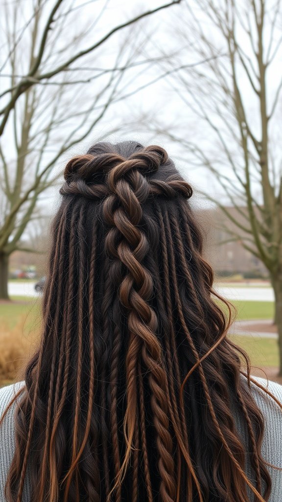 A woman with medium knotless braids styled in a half-up, half-down look, showcasing elegant curls at the ends.