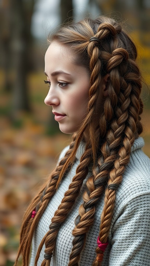 A woman with boho knotless braids featuring seasonal color highlights, showcasing a warm brown tone.