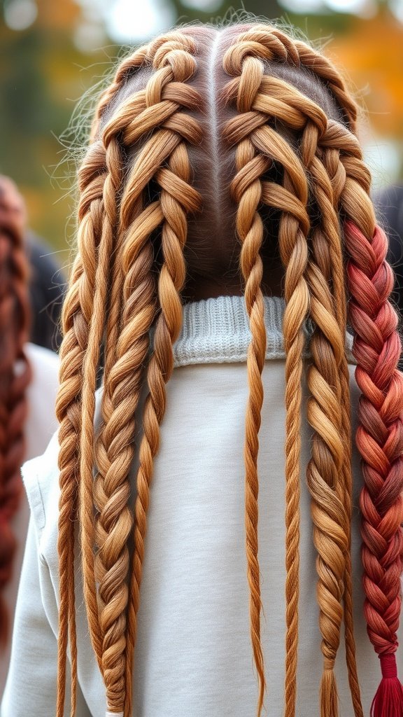 A close-up view of boho knotless braids with a mix of light brown and red colors, showcasing a stylish and vibrant hairstyle.
