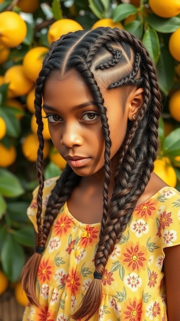 A girl with lemonade braids in a floral dress, standing in front of an orange tree.