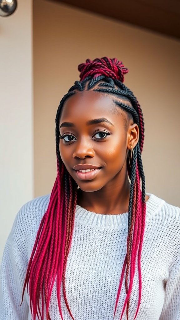 A young woman with jumbo knotless box braids in vibrant colors, styled in a top knot, wearing a white sweater.
