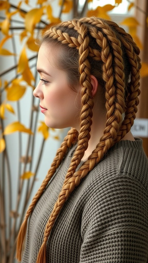 A woman with short boho knotless braids styled in a warm blonde color, showcasing a trendy and chic look.