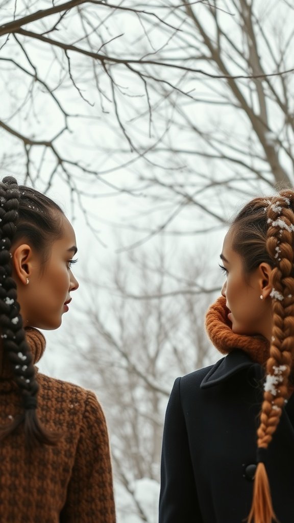 Two individuals with stylish knotless braids in a winter setting, showcasing boho hairstyles.