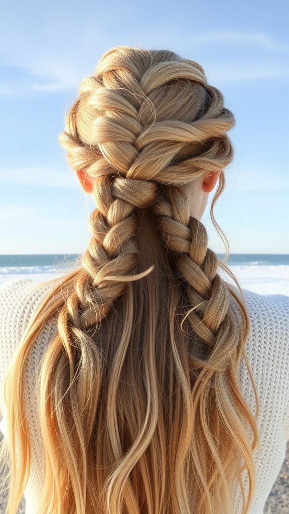 A person with honey blonde knotless braids styled with loose waves, standing against a beach background.