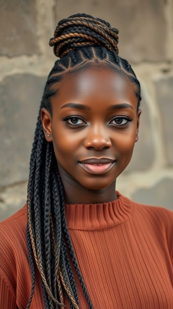 A woman with knotless twist braids styled in a top knot, showcasing a mix of dark and light hair tones.